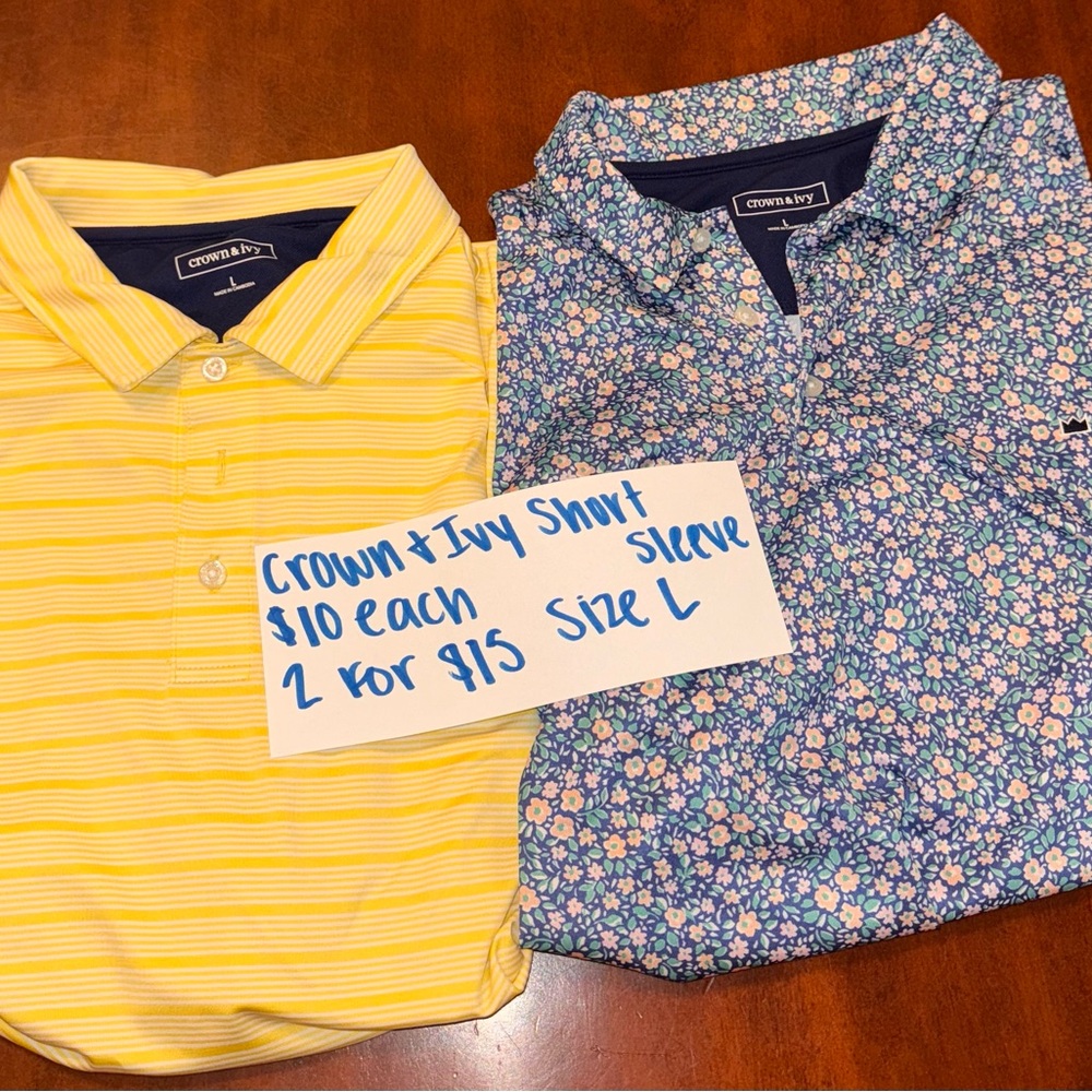 Crown & Ivy Yellow Striped Polo and Blue Floral Shirt